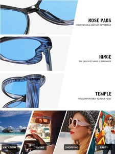 Détails des verres en résine bleue, charnières léopard et scènes d'usage lifestyle