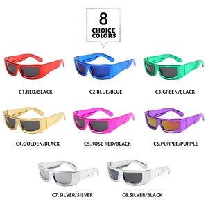 Eight vintage Y2K cyberpunk sunglasses with streamlined metallic frames in diverse colors