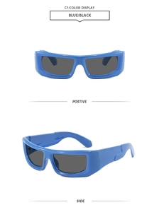 Detail view of blue thick frame sunglasses with dark grey lenses in front and side angles