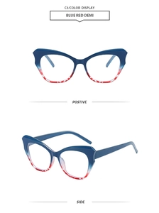 Detail view of cat eye glasses frame in blue and red demi finish from front and side angles