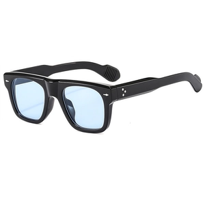 Retro square black frame sunglasses with light blue lenses and silver rivet accents