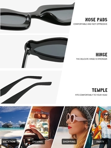 Detail view of comfortable nose pads, sturdy metal hinges and temple arms of black sunglasses