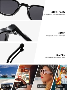 Detail of integrated nose pads and reinforced metal hinges on black cat-eye sunglasses