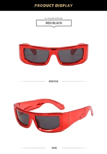 Detailed views of red retro sports sunglasses with wide frames and black polarized lenses