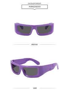 Detail view of purple thick-frame punk style sunglasses with dark black lenses and side view