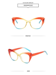Detailed front view of cat-eye glasses with orange, yellow and blue gradient frame