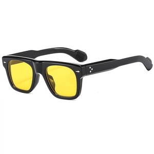 Retro square sunglasses with thick black frame, yellow lenses and metal rivets on front