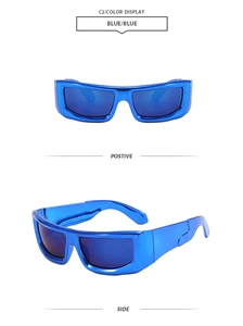Detail view showing blue metallic frame and seamless one-piece lens design