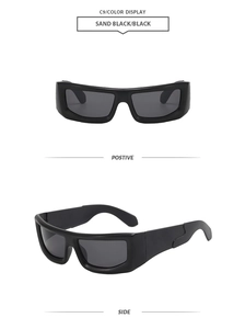 Detail view of Sand Black wide thick frame sunglasses from front and side perspectives