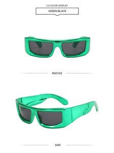 Detailed front and side views of futuristic green metallic rectangular sunglasses frames