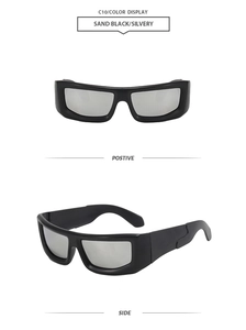 Futuristic sand black sunglasses with silver mirrored lenses from front and side views