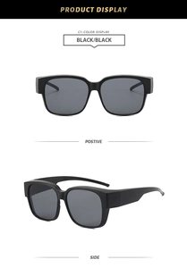 Detailansicht der quadratischen schwarzen Übergroße-Sonnenbrille mit breiten Bügeln