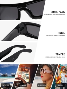 Detailed views of punk-style thick frame sunglasses showing hinges and wearing scenarios