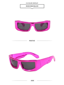 Detail of cyber-punk rose red metallic sunglasses with dark lenses from multiple angles