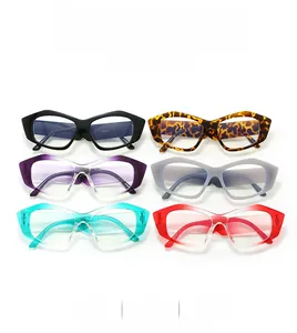 Flat lay display of geometric cat-eye glasses frames in multiple colors and patterns