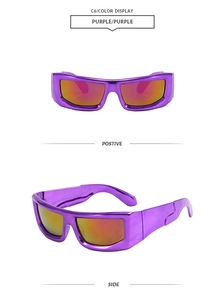 Detail view of purple futuristic sports sunglasses with orange reflective lenses and frame