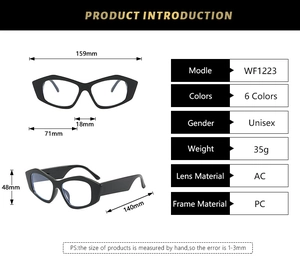 Detailed size specifications for oversized irregular cat-eye PC frame glasses