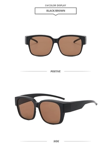 Front- und Seitenansicht der matt schwarzen quadratischen Sonnenbrille mit braunen Gläsern