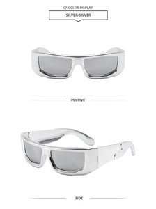 Close-up of futuristic silver sunglasses showing front and side views in detail