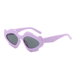 Trendy irregular lavender sunglasses with wave shaped frames and dark grey lenses for women
