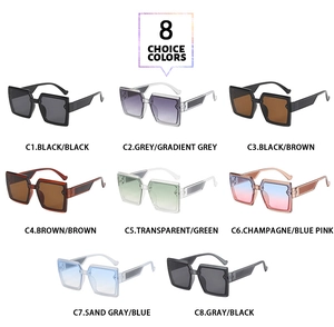 Collage of square oversized sunglasses showing 8 color variations on a white background