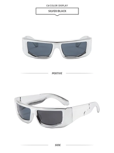 Close-up of silver metal rectangle sunglasses with grey UV lenses in front and side views