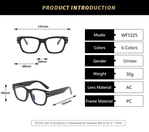 Detailed size chart for retro square frame glasses with precise dimensions in millimeters