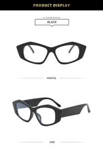 Detailed front and side view of black geometric irregular cat-eye eyeglass frames