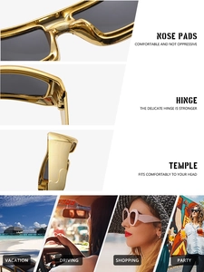 Detail of golden square sunglasses showing durable hinges and versatile lifestyle scenes