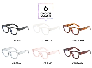 Matrix view of six classic square eyeglass frames in black, white, leopard, and pink colors