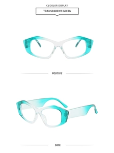 Detail view of transparent green cat-eye eyewear frames from front and side angles