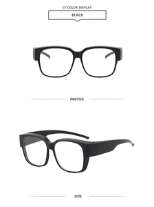 Front- und Seitenansicht der dicken schwarzen quadratischen Sonnenbrille mit Seitenschutz