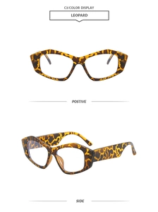 Front and side views of vintage irregular leopard print cat-eye eyeglass frames