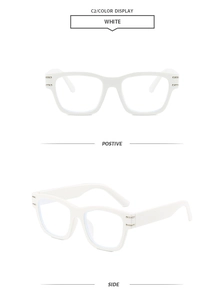 Macro view of white square thick frame glasses with silver metal temple detailing
