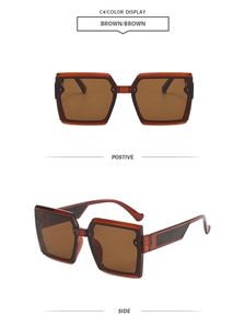 Detailed views of brown square oversized sunglasses showing positive and side angles