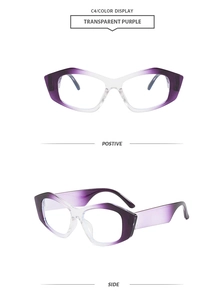 Front and side view of cat-eye glasses frame with transparent purple gradient finish