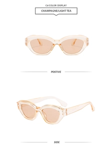 Détail de lunettes de soleil œil de chat champagne avec monture transparente et verres thé