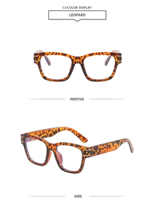 Detail view of retro leopard print eyeglass frames showing front and side profile