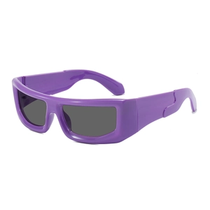 Retro purple thick frame punk sunglasses with dark grey lenses in a 45-degree angle view