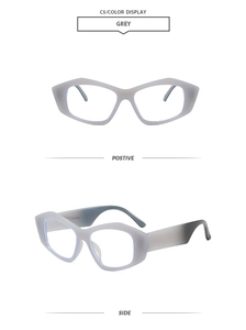 Detail view of grey gradient geometric thick frame glasses showing front and side angles