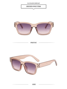 Detail view of square frame sunglasses with transparent pink frame and purple gradient lenses
