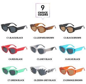 Grid view of nine retro oversized cat-eye sunglasses in various colors and patterns