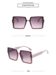 Detailed view of square sunglasses with purple gradient lenses and G-logo temple design