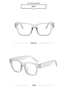 Front and side views of transparent gray square frame glasses with gold metal hinges