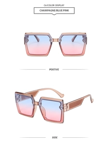 Front and side views of champagne square oversized sunglasses with blue pink gradient lenses