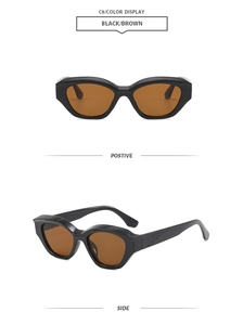 Vue de face et de profil de lunettes de soleil œil de chat rétro avec monture noire et verres bruns