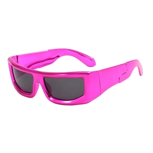 Y2K futuristic sports sunglasses with magenta chrome frame and dark lenses