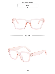 Front and side view of transparent pink square frame glasses with a polished finish