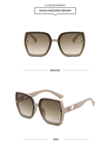 Detail view of khaki polygon sunglasses with brown gradient lenses and gold logo accents