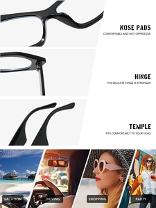 Detail view of ergonomic nose pads and reinforced metal hinges on black cat eye frames